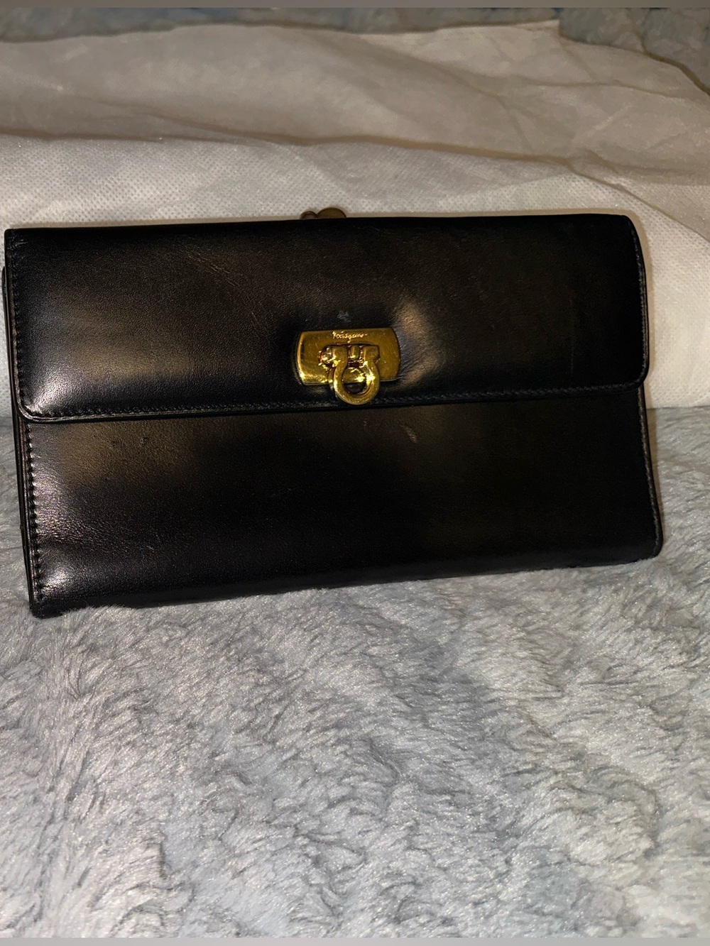 Salvatore Ferragamo Black Leather Wallet Clutch with Gold Tone Hardware